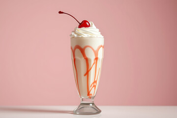 Thick milkshake stock-image in a tall glass, topped with creamy whipped cream and a bright cherry, offering a nostalgic and indulgent treat perfect for a refreshing dessert or sweet snack.