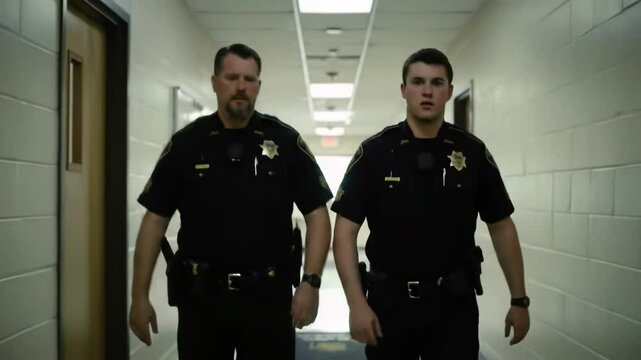 Two police officers patrol a school hallway. Safety and security, community policing. Protecting students, preventing violence