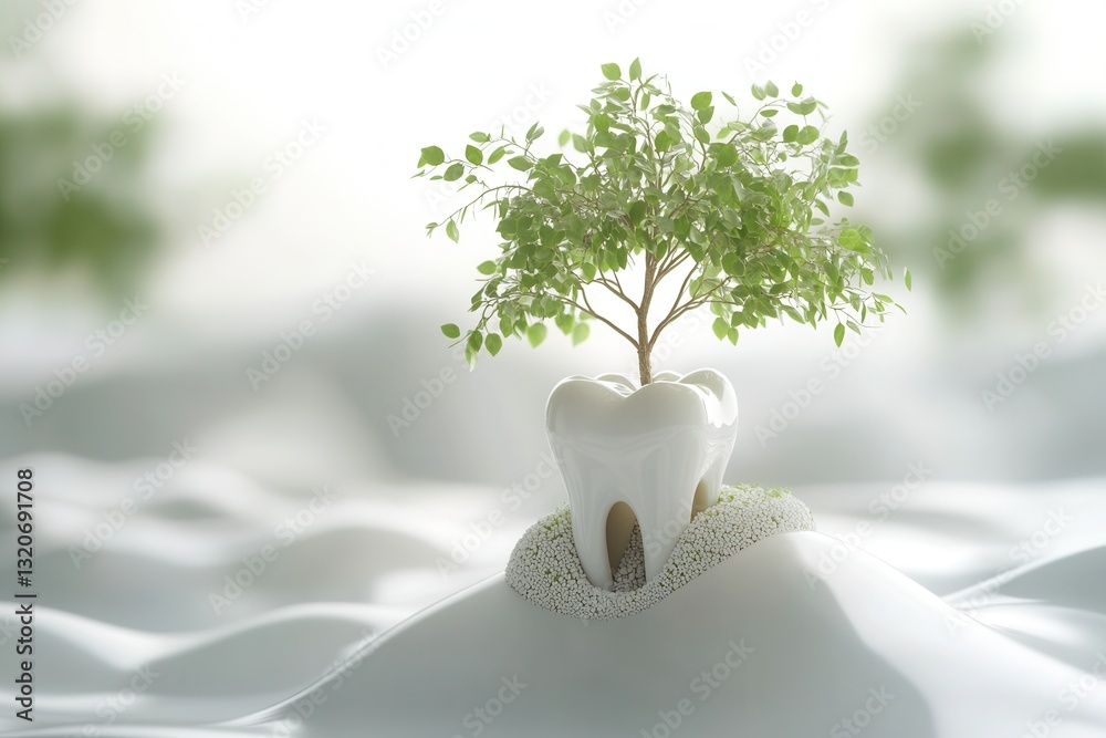 Poster conceptual representation of a tooth implant resembling a tree with healthy gums illustrating growth