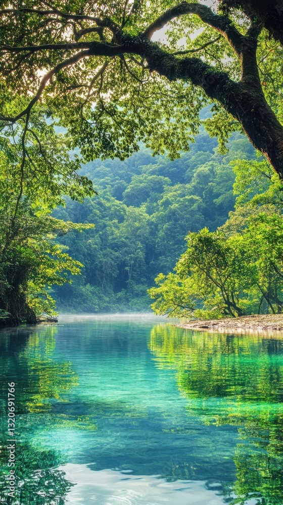 Poster lush green forest reflects on crystal-clear water in a serene natural setting surrounded by trees