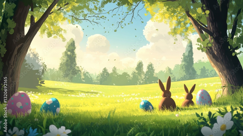 Poster Serene natural park setting with playful rabbits and colorful eggs in a sunny meadow during springtime