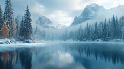 Fototapeta premium Majestic snowy mountains and towering pines surround a frozen lake, enveloped in fog creating a serene, tranquil winter landscape perfect for quiet reflection.