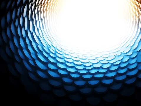 Radiant aperture with blue circular motifs and a luminous backdrop