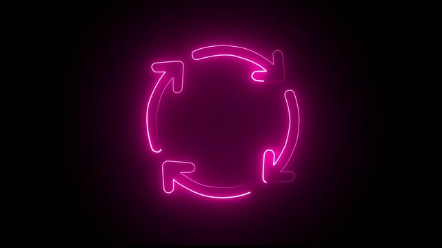 glowing neon restart arrow animation icon on black background.
