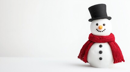 Cute Snowman Wearing Scarf and Hat on White Background