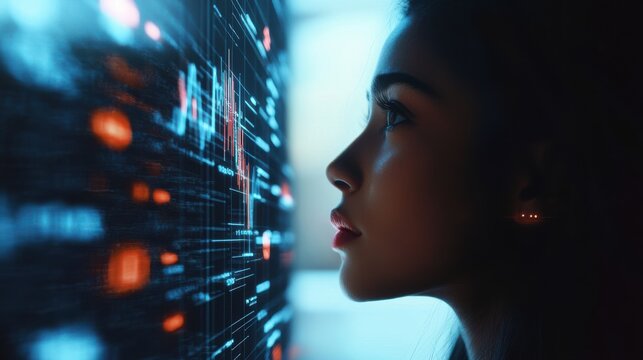 Futuristic young investors analyze data while exploring innovative financial opportunities in a digital space