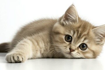 Fototapeta premium Adorable fluffy kitten with big eyes relaxing on a light background in a comfortable pose