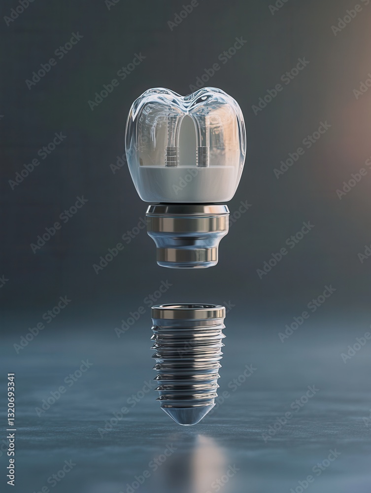 Poster Detailed 3D render of a dental implant in exploded view showcasing individual components against a gradient background