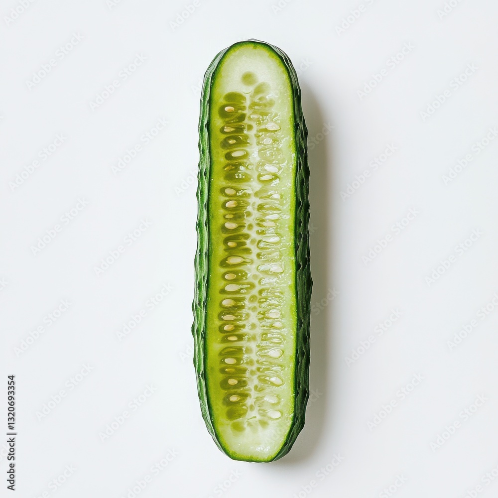 Poster fresh green cucumber sliced lengthwise showing its juicy interior and smooth texture