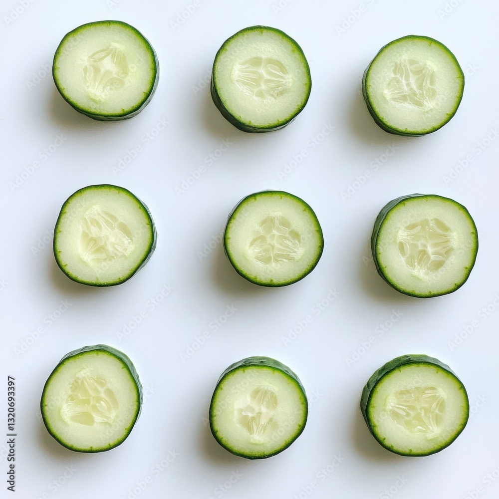 Aufkleber fresh green cucumber sliced into rounds arranged neatly on a white surface ready for salad or garnis