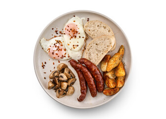 A hearty English breakfast with fried eggs, sausages, mushrooms, potatoes, and toast on a white plate.