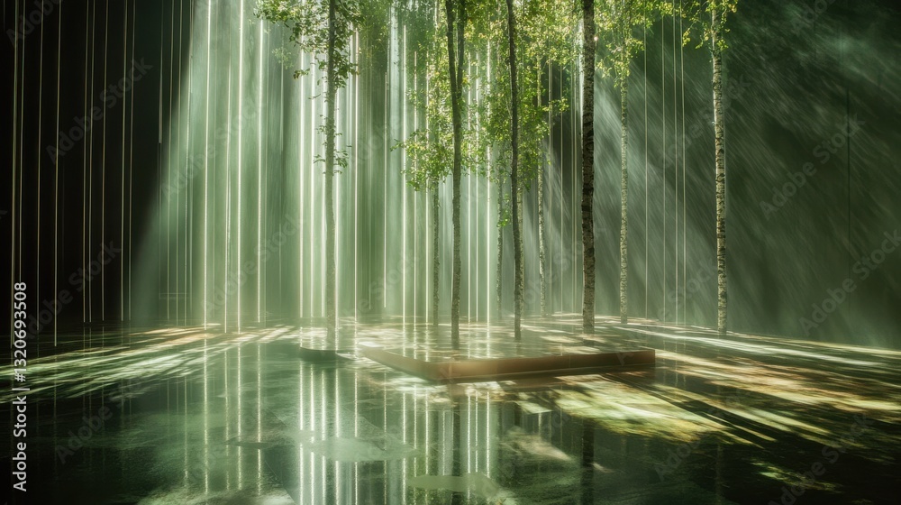 Poster forest-inspired design showcasing earthy greens with light beams filtering through trees
