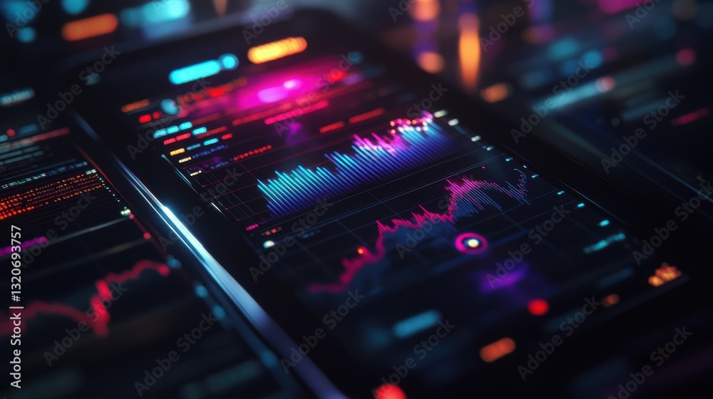 Poster dynamic mobile trading interfaces showcasing real-time market analysis and data visualization tools