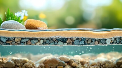 Water ripple action over rocks and plants natural setting close-up