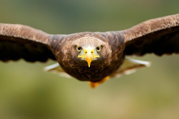 Hawk glides with wings fully extended, showcasing its formidable presence and sharp features against a blurred green background during daylight hours