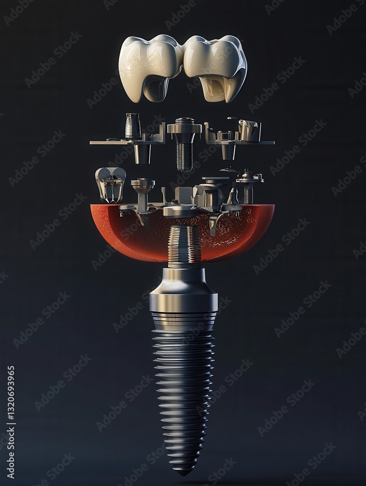 Poster detailed 3d render of a dental implant in exploded view showcasing components against a gradient bac