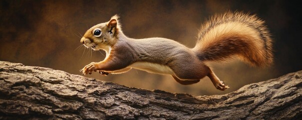 Obraz premium A reddish brown squirrel leaping from a rough tree branch