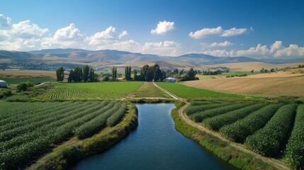 A solar farm is integrated into a vibrant agricultural setting, showcasing the synergy between renewable energy production and farming activities. The landscape features crops and water features