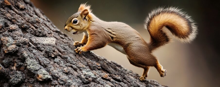 A small brown squirrel running up the textured surface of a tree - Powered by Adobe