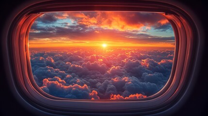 Fototapeta premium Breathtaking sunset view from an airplane window above the clouds