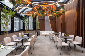 Elegant Dining Space with a Modern Floral Ceiling