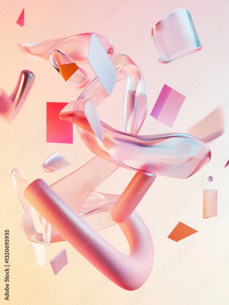 Aufkleber Creative typography background featuring floating 3D letters and abstract forms set against a soft gradient backdrop