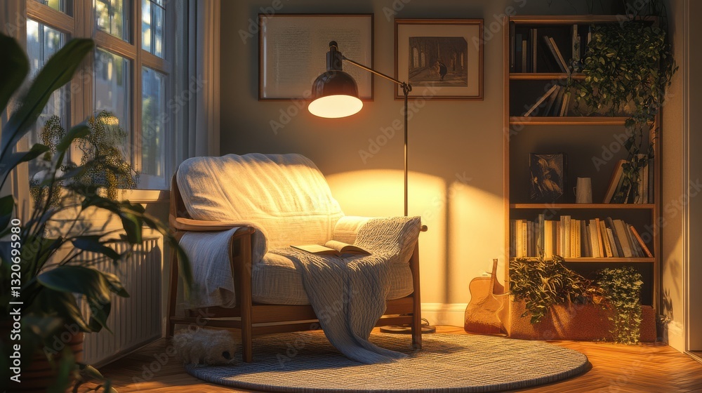 Poster Cozy reading corner with warm floor lamp inviting relaxation and escape in a tranquil setting perfect for quiet evenings