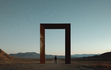 A lone figure stands before a large, rusty metal frame resembling a gateway, set against a vast desert landscape under a starlit twilight sky