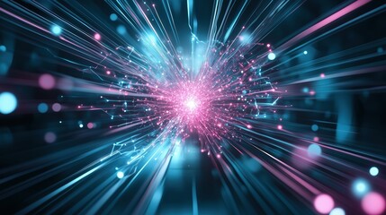 Fototapeta premium Exploding digital particle burst in blue and pink. Energy and data concept