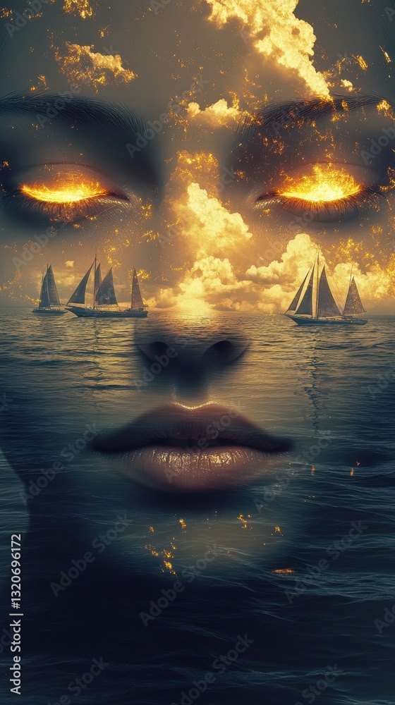 Poster conceptual visualization of a woman's face merging with a seascape and vibrant skies at dusk