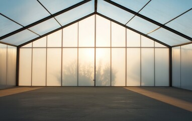 Fototapeta premium Empty greenhouse interior at sunrise, showcasing a translucent glass structure with a tree shadow cast on the floor. Warm, soft light illuminates the space