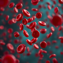 A photo capturing a cluster of red blood cells floating weightlessly in the air, Close-up detailed view of sickle cells in the bloodstream, AI Generated