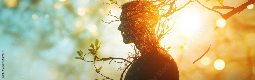 Aufkleber man radiating energy surrounded by branches and light in a mystical forest setting during sunset hou