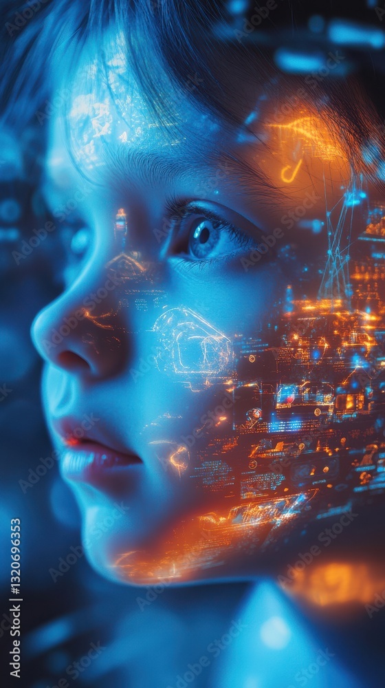 Poster Conceptual portrayal of a child's face illuminated by vibrant technology and digital patterns at twilight, representing imagination and creativity