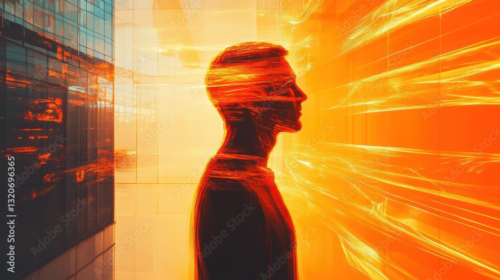 Poster man glowing with energy in a futuristic urban setting during the day, symbolizing innovation and cre