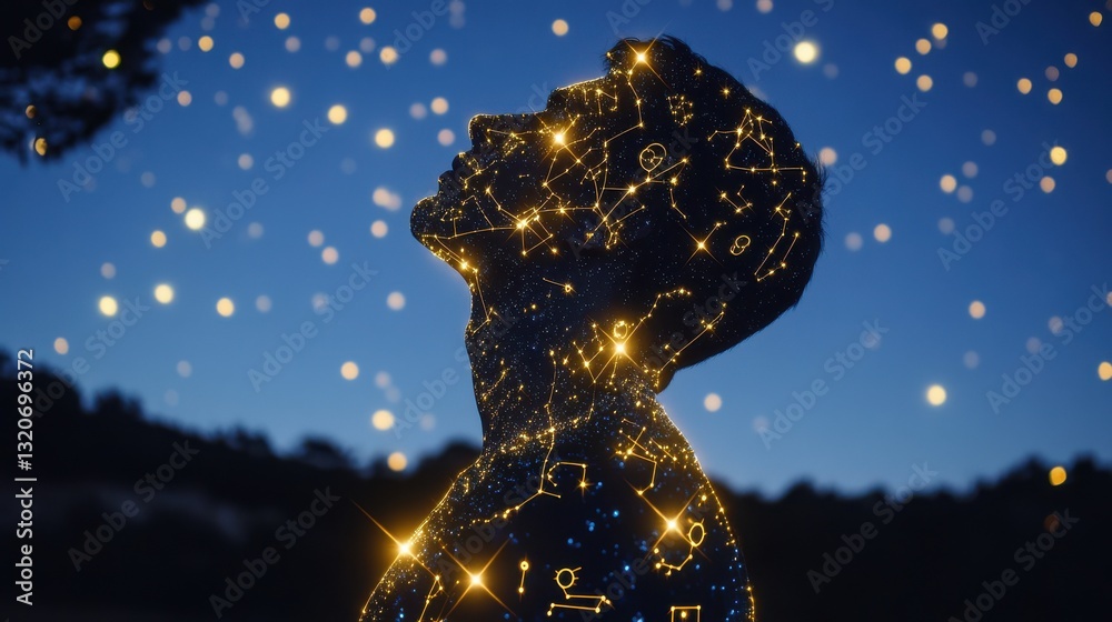 Fototapete man illuminated against a night sky, embodying celestial patterns and shimmering stars in a cosmic s