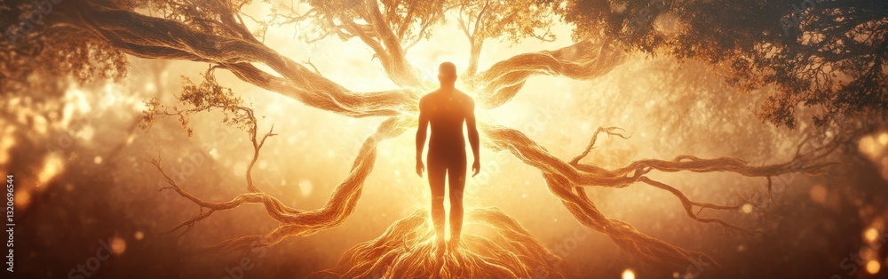 Leinwandbilder man glowing with radiant light surrounded by intertwining branches in a mystical forest during twili