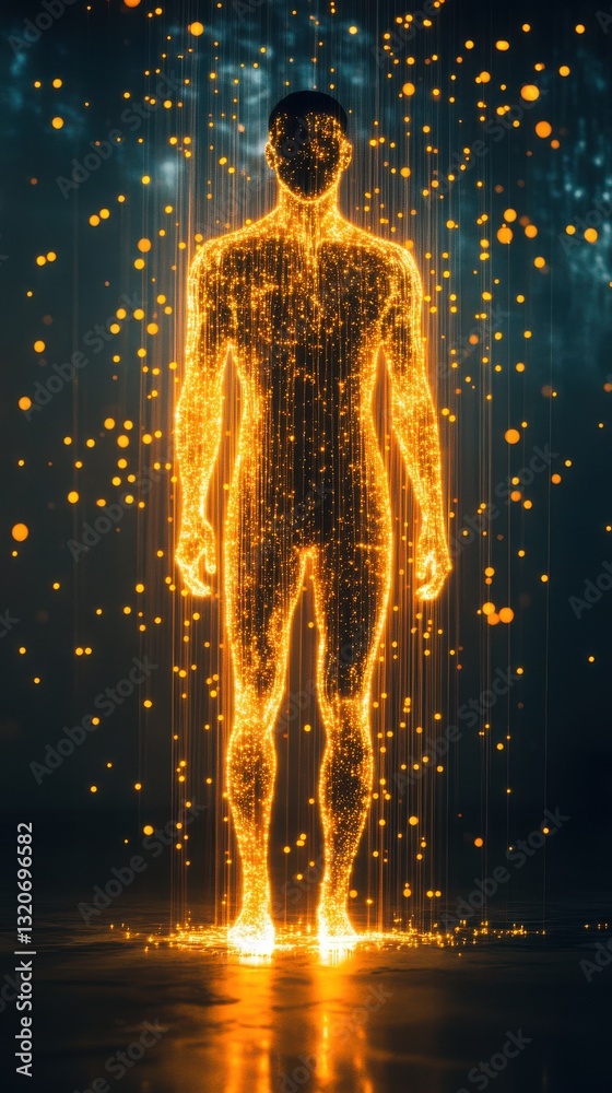 Aufkleber man radiating a glowing aura amidst particles in a dark environment with artistic lighting