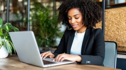 A woman is sitting at a desk with a laptop in front of her