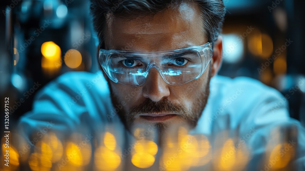 Aufkleber A focused engineer in safety goggles examines intricate components in a factory setting. The atmosphere highlights automation in metallurgy and precision engineering.