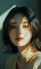Serene Portrait of a Young Asian Woman Bathed in Soft Sunlight Highlighting Facial Features