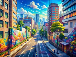 Fototapeta premium Anime Cityscape: Empty Urban Street with Graffiti Wall - Aerial View