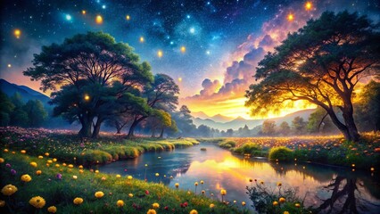 Anime Firefly Night Sky Double Exposure Landscape - Magical Starry Scene