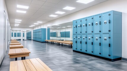 Locker room with blue lockers and wooden benches. Sports and fitness facility