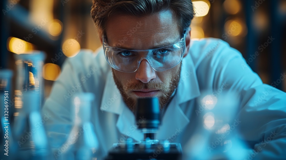Aufkleber scientist examines samples using a microscope in a modern laboratory dedicated to chemical synthesis