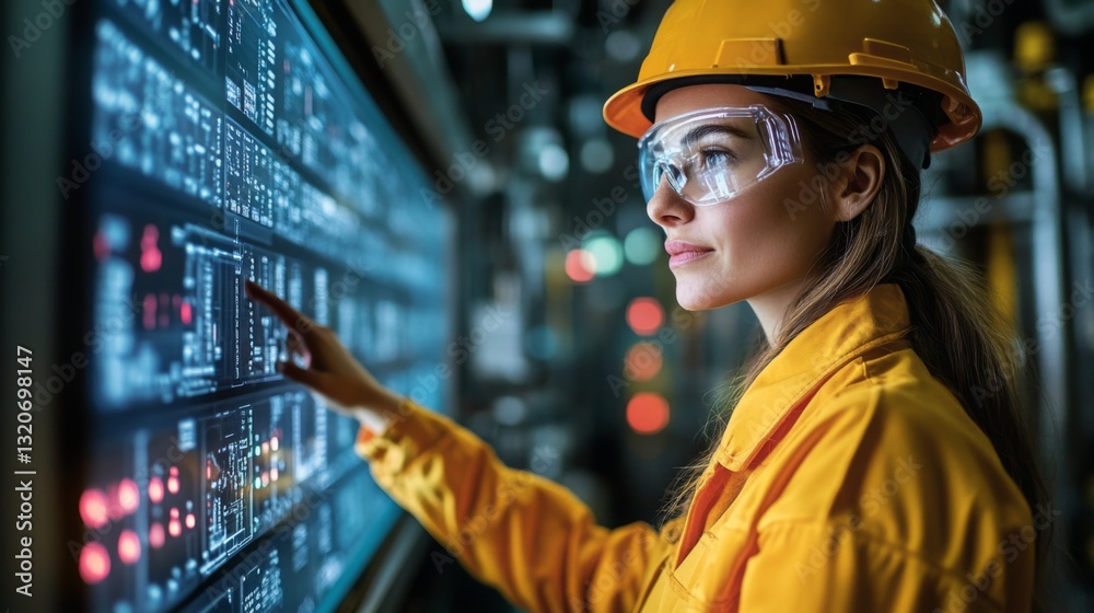 Poster a woman in a hard hat and safety glasses operates a digital control panel in a petrochemical refiner