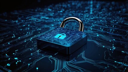 A Gleaming Cyber Lock, A Digital Guardian, Safeguarding The Heart Of The Internet With Cool Blue Hues And A Circuit Board Backdrop
