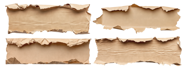 Set of torn brown cardboard paper pieces with rough edges, isolated on transparent cutout background