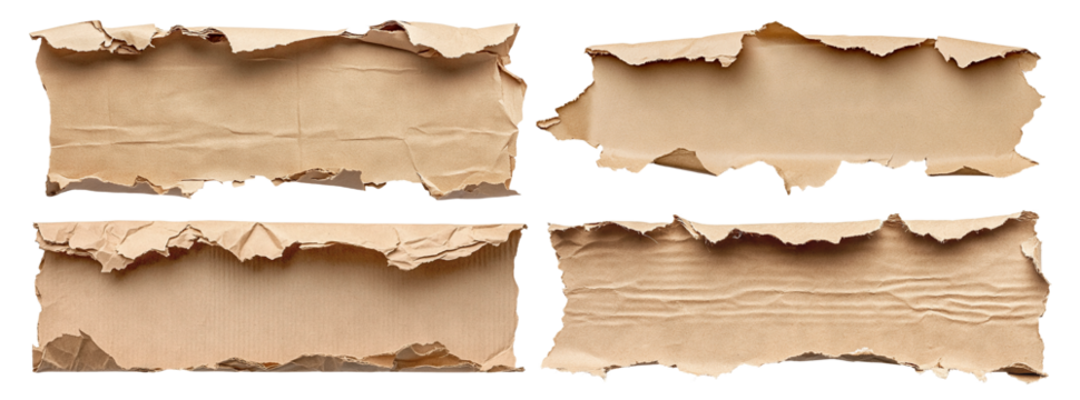 Set of torn brown cardboard paper pieces with rough edges, isolated on transparent cutout background
