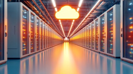 High tech data center with glowing AI integrated cloud computing symbolizing ultra fast encrypted data processing and next generation cybersecurity solutions